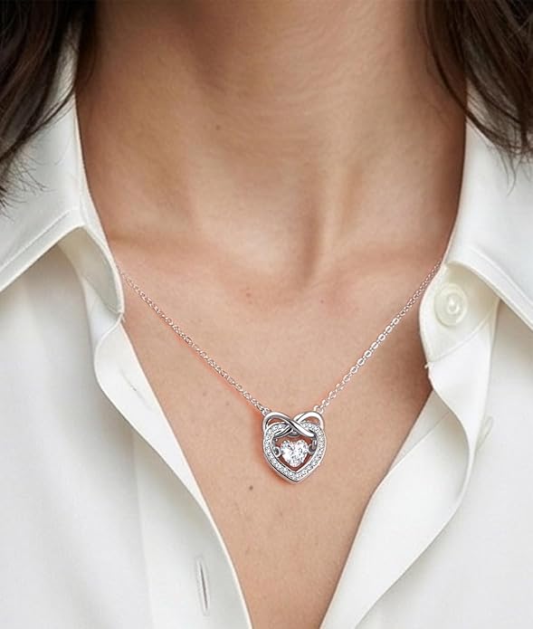 Trendy Dainty Infinity Birthstone Necklace, Dancing Heart 18K White Gold Plated 925 Sterling Silver Heart Necklace, Romantic Love Jewelry Graduation Gifts for Women Her