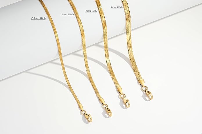 FOSIR Herringbone Necklace for Women, 14K Gold Plated/Silver/Black Choker Necklace, Dainty Surgical Stainless Steel Snake Chain for Women, 2.3mm/3mm/4mm/5mm Width