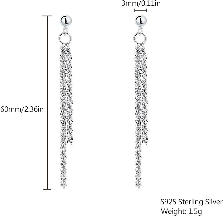 925 Sterling Silver Tassel Chain Dangle Earrings for Women Sparkling Long Fringe Dangle Drop Earrings Bling Line Minimalist Wedding Studs Earring Jewelry Birthday Christmas Gifts for Her