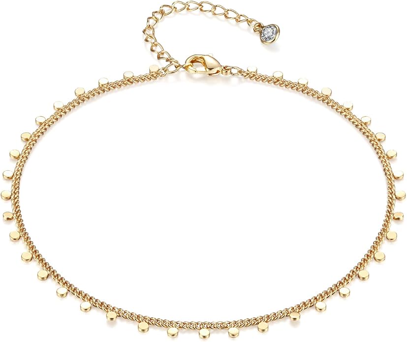 Dainty Gold Disc Chain Anklet for Women, 14K Gold Plated Sequin Foot Bracelet, 8.3"+2" Adjustable Delicate Flat Disc Link Ankle Bracelet, Minimalist Summer Beach Jewelry Gift for Her