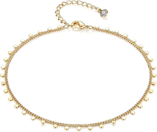 Dainty Gold Disc Chain Anklet for Women, 14K Gold Plated Sequin Foot Bracelet, 8.3"+2" Adjustable Delicate Flat Disc Link Ankle Bracelet, Minimalist Summer Beach Jewelry Gift for Her
