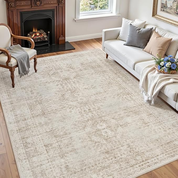 4x6 Area Rugs for Living Room: Vintage Boho Neutral Washable Rug Indoor Soft Large Area Rug Carpet for Bedroom Nursery Farmhouse Dining Room Office Floor Non-Slip Low Pile Under Table Rug Brown