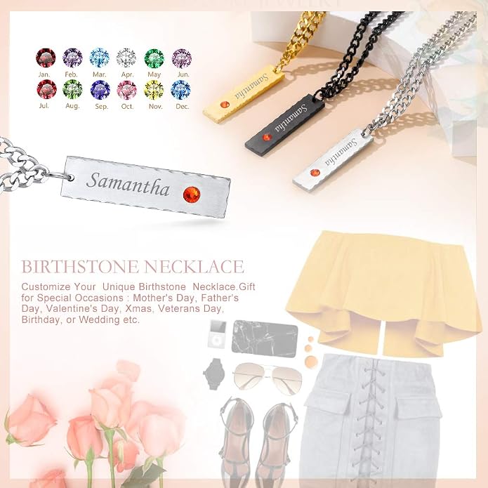 Custom4U Personalized Birthstone Bar Necklaces for Women, Custom Handmade Silver/Black/Gold Vertical Bar Pendants with 1-3 Names Engraved,Unique Memorial Necklace for Her