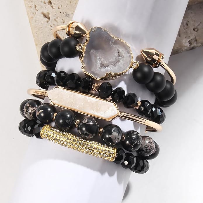 Yomisa 5PCS 6PCS Natural Boho Beaded Bracelets/Bangle for Women Men,Healing Turquoise Jasper Agate Crystal Gemstone Stone Chakra Multilayer Wrap Bohemian Handmade Jewelry Beads Stretch Bracelet Set