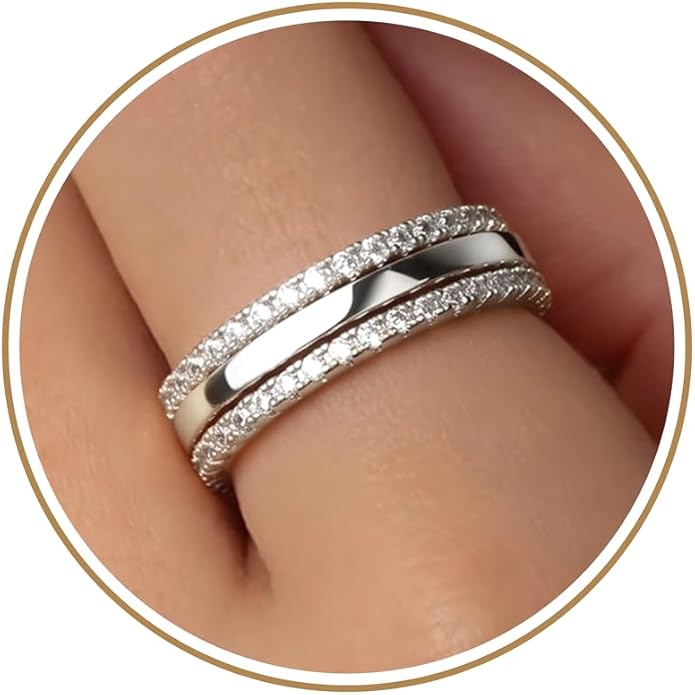 Purplepig Stackable Rings for Women Non Tarnish, Two Tone Mixed Metal Dainty Eternity Band Set, 14K Gold & Sterling Silver Plated Cubic Zirconia Hypoallergenic Wedding Thumb Pinky Rings Size 4-11