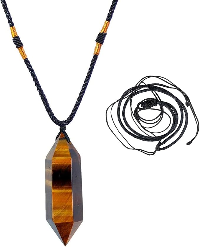 Runyangshi Tiger's Eye Healing Crystal Pendants, Double Pointed Natural Crystal Quartz Necklace 6 Faceted Chakra Crystal Wand Stone