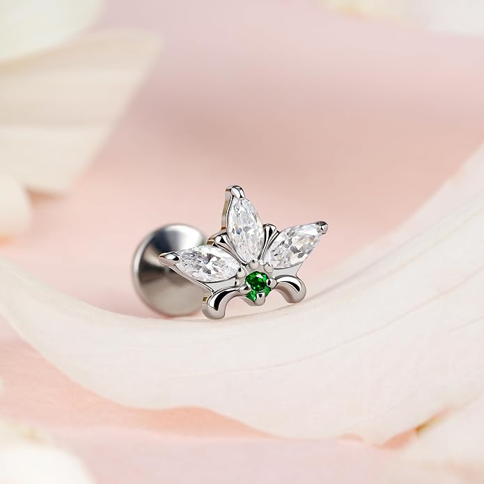 FINE4U ASTM F136 Titanium Piercing Jewelry Stud - 16G 6mm 8mm Triple Marquise Lotus Flower Cartilage Earring, Hypoallergenic Flatback Bridal Jewelry