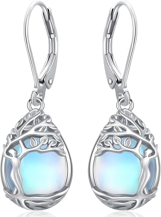 925 Sterling Silver Earrings Tree of Life/Cat/Animal/Turquoise/Moonstone Dangle Drop Earrings for Women Leverback Earring Hypoallergenic Jewelry Gifts