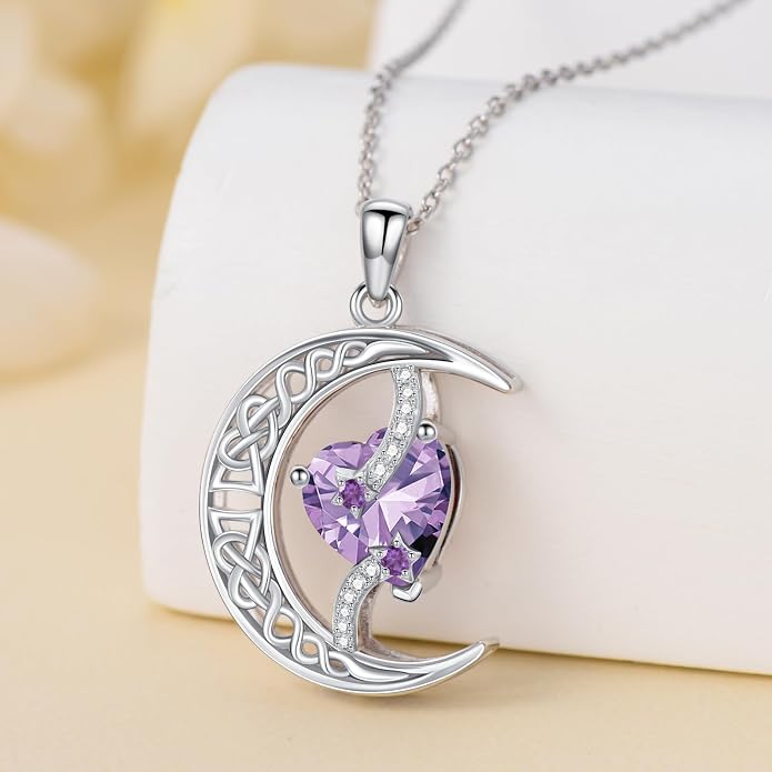 TOUPOP Moon and Star Birthstone Necklace for Women 925 Sterling Silver Celtic Moon Jewelry Birthday Mothers Day Gifts for Mom Wife Her