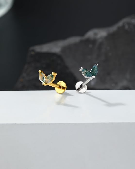 Jewseen Celtic knot&Butterfly Moss Agate Stud Earrings Dangle Internal Threaded Flat Back 16g 8mm Hypoallergenic 925 Sterling Silver Piercing Jewelry for Cartilage Lip Conch Tragus Helix