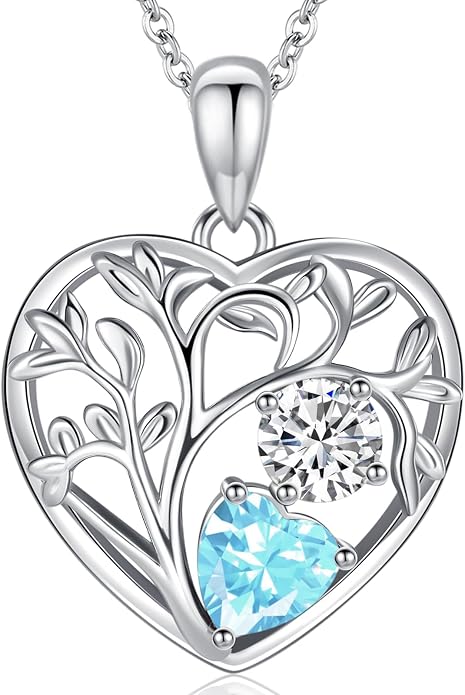 Tree of Life Birthstone Necklace Birthday Gifts 925 Sterling Silver Heart Pendant Birthstone Necklaces for Women Personalized 2 Gemstone Anniversary Graduation Gifts for Her Wife Mom