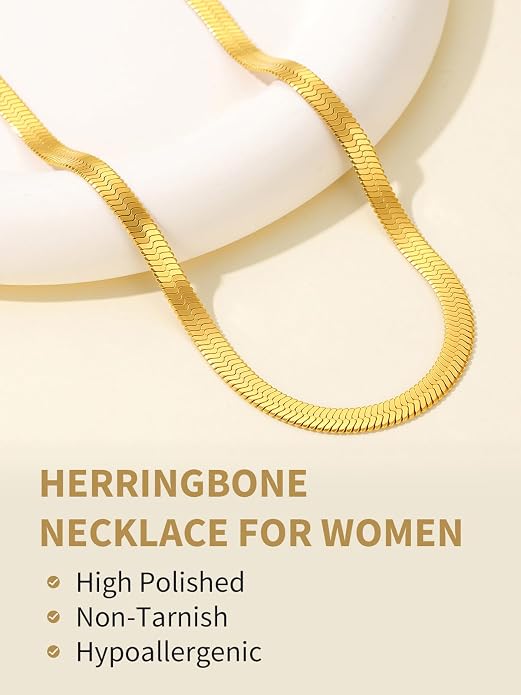 FindChic Black/14K Gold Plated Herringbone Choker Chain Necklace for Women | Waterproof Stainless Steel, Dainty Layering, Flat Snake Chain, Non-Tarnish, Hypoallergenic, Adjustable Extender, Gift Box