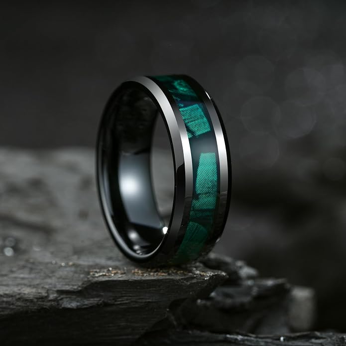 King Will Black Tungsten Wedding Band For Men, 8mm Promise Ring Inlay Red Twill Pattern/Colorful Wood Chips, High Polished Beveled Edge - Suitable For Daily Wear, Comfort Fit Size 7-14