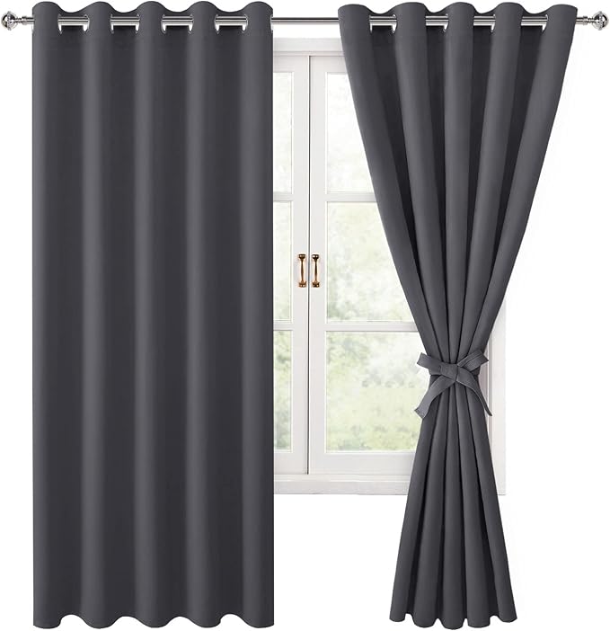 Hiasan Blackout Curtains for Bedroom, 60 x 63 Inches Length - Thermal Insulated & Light Blocking Window Curtains for Living Room, 2 Drape Panels Sewn with Tiebacks, Dark Grey