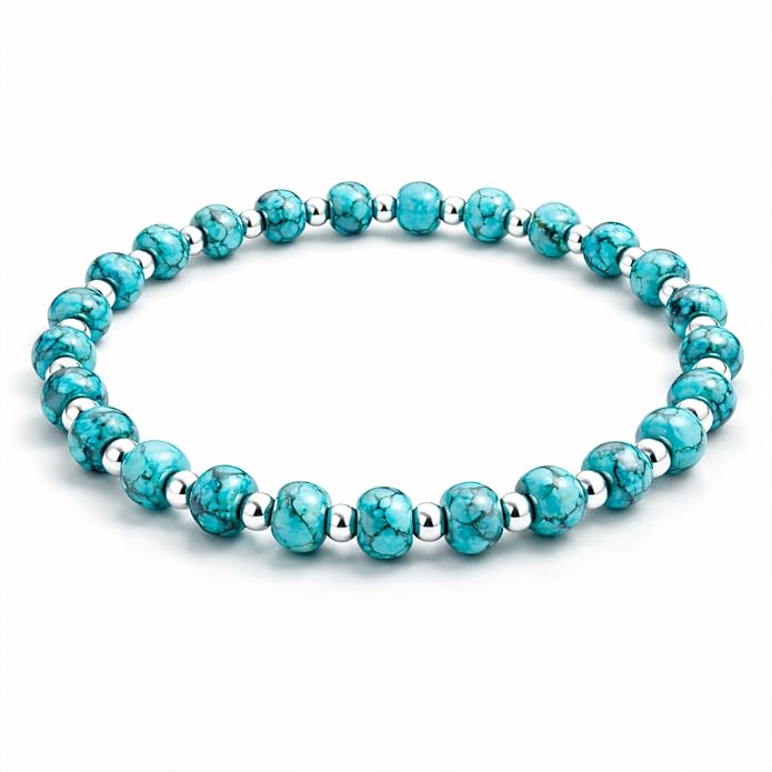 Sheplus 925 Sterling Silver Genuine Turquoise Bead Bracelet,Charm Boho Western Stretch Gift Jewelry for Women Wife Mom