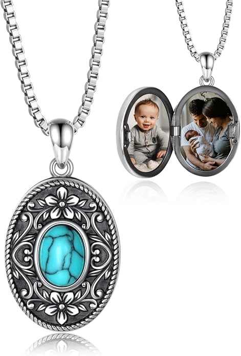 925 Sterling Silver Oval Turquoise Lockets Pendant that Holds Pictures Vintage Jewelry Memorial Gifts for Women