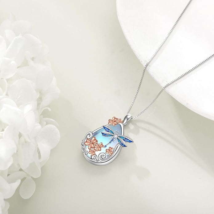 KQF Dragonfly/Butterlfy/Cat/Jellyfish/Bunny/Axolotl/Bee/Mermaid/Hummingbird/Elephant Necklace for Women Sterling Silver Moonstone Pendant Necklace Dragonfly Jewelry Gifts for Women