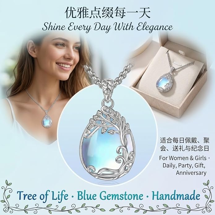 Teardrop Moonstone Necklace for Women Tree of Life/Filigree Birthstone Pendant Necklace Jewelry