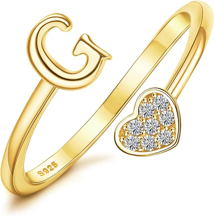 MILACOLATO 925 Sterling Silver Initial Rings for Women Teen Girl 18K Gold Plated Heart Initial Rings Adjustable Capital Letter Ring Stackable Thumb Pinky Rings for Daughter Birthday Bridesmaid Gifts Jewelry, A to Z