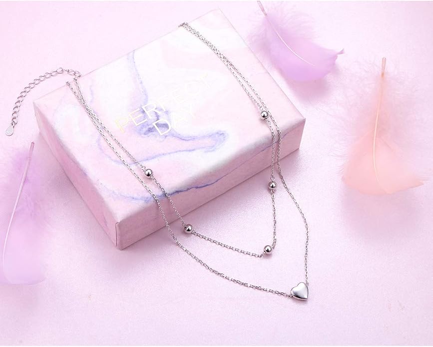 Layered Choker Necklaces for Women S925 Sterling Silver Circle/Heart/Cross/Star Multi Layered Necklace Handmade Bead Chain Adjustable Jewelry for Birthday