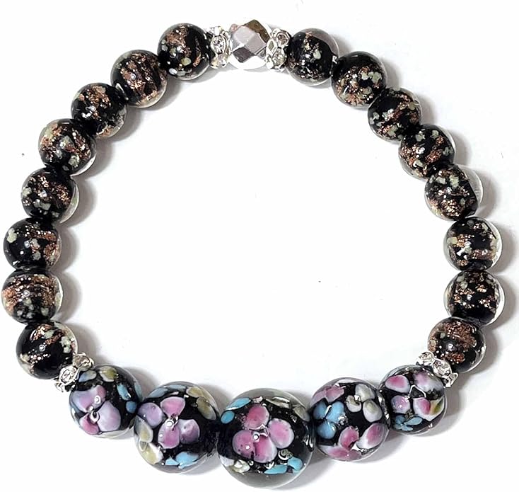 ARTSY Crafts Lily Garden Glow in the Dark Firefly Bead Bracelets Necklaces, Handmade in USA Murano Glass Jewelry, Flower Luminous Beads Mermaid Crystal Bracelet Bangle