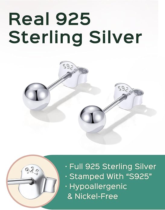 ChicSilver 925 Sterling Silver Earrings Dainty Bar/Circle/Triangle/Star/Ball Stud Earrings for Women with Gift Box, Hypoallergenic Earrings for Sensitive Ears