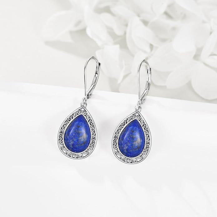 Moonstone/Lapis Lazuli/Peridot/Amethyst/Pink Teardrop Earrings for Women Sterling Silver Filigree Dangle Earrings Leverback Earrings Jewelry Gifts for Women