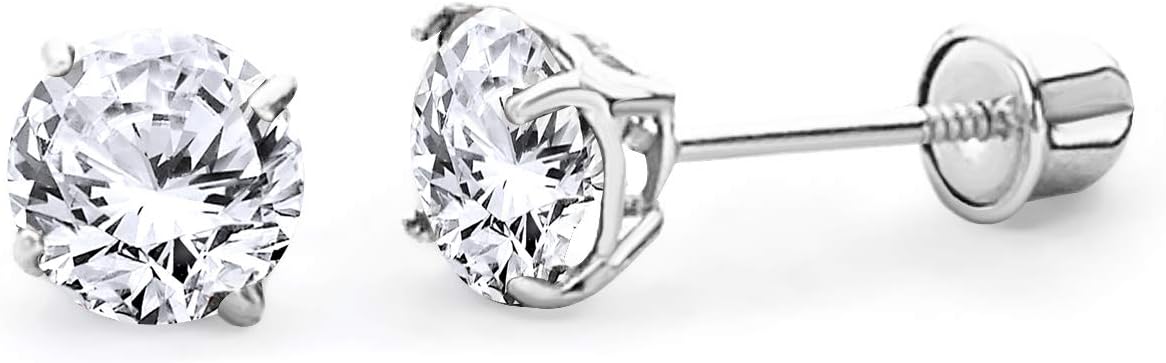 14k REAL Yellow/White Gold 2mm, 3mm, 4mm, 5mm, 6mm, 7mm, 8mm Round Solitaire Basket Set Stud Earrings with Screw Backs