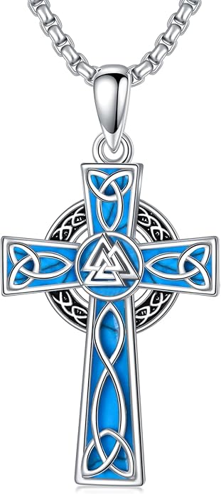 HPQQ Cross Necklace 925 Sterling Silver Turquoise Tree of Life Celtic Knot Cross Pendant Jewelry Mother's Day Gifts for Women