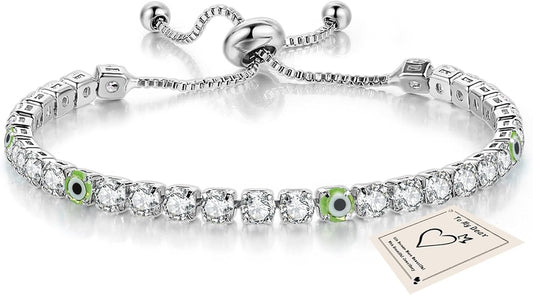 Silver Bracelets for Women, Dainty Evil Eye Bracelets Adjustable Lucky Amulet Chain Bracelet Sparkly Rhinestone Tennis Bracelet Protection Jewelry Gifts for Her Mom Wife Friend
