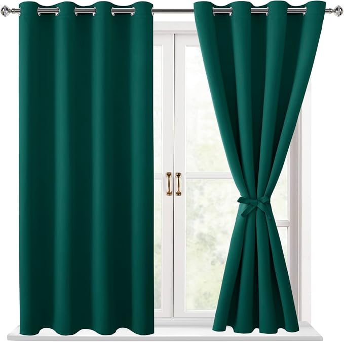 Hiasan Blackout Curtains for Bedroom, 52 x 54 Inches Long - Thermal Insulated & Energy Saving Window Curtains for Living Room, 2 Drape Panels Sewn with Tiebacks, Hunter Green