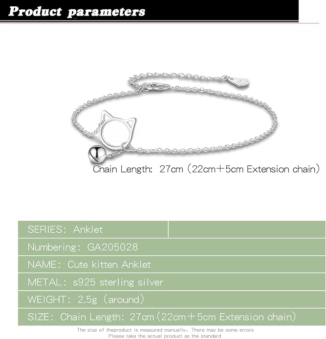Dankadi Women 925 Sterling Silver Anklet Bracelets Cute Cat/Bell Pendant Chain Beach Anklet Bracelet Boho Adjustable Size Anklet Jewelry Gift for her