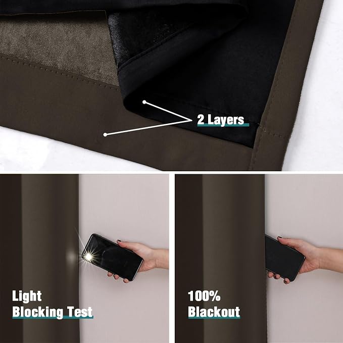 ChrisDowa 100% Blackout Curtains for Bedroom 72 Inches Long 2 Panels Set | 2 Thick Layers, Thermal Insulated, Light Blocking, Grommet, Window Treatment, Living Room Drapes, Brown, 52 x 72 Inch