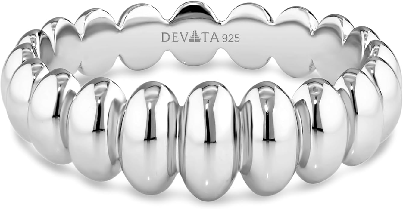 DEVATA Gold or Rhodium Plated Sterling Silver 925 – Eternity, Band Ring for Women – Heart, Knot, Clover, Infinity, Mariner, Cable, Curb, Cuban, Figaro, Daisy, Rope, Ribbed, Dome