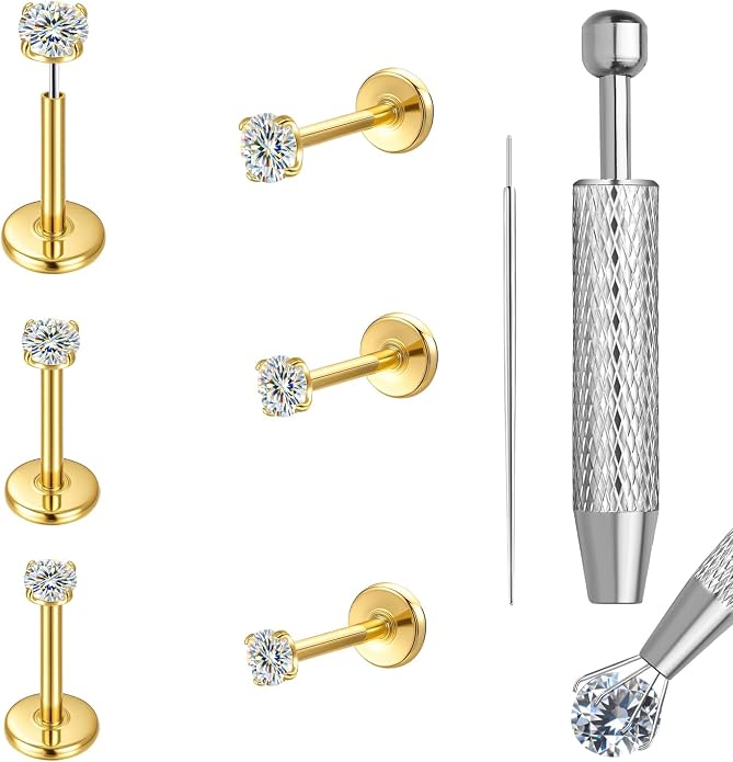 VOJO 3 Pairs Moissanite & Titanium Flat back Earrings, 20G Threadless Labret Stud for Women, Tragus Cartilage Nose Piercing Jewelry, Hypoallergenic Body Earrings