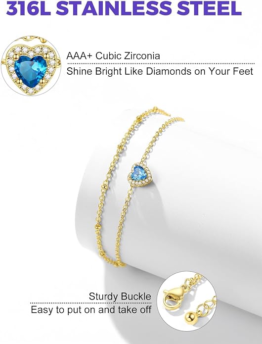 Richsteel Double Layer Heart/Butterfly Birthstone Anklet for Women Non Tarnish Waterproof, Silver/Gold/Black Stainless Steel 8.5-10.5 Inch Adjustable Chain Anklets Jewelry Gifts for Her