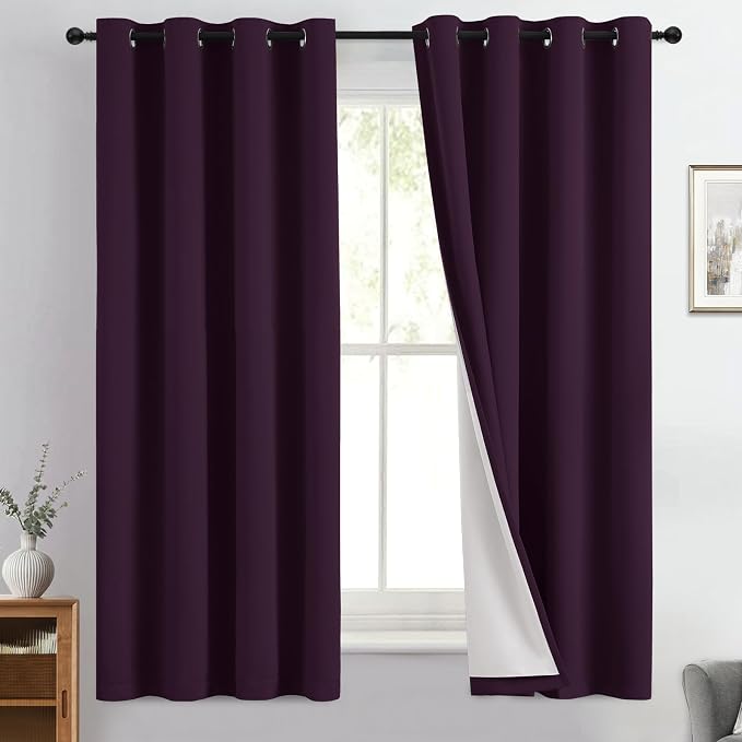 Yakamok Dark Purple 100% Blackout Curtains 63 Inches Long 50" Wide 2 Panels | Blackout Curtain Panels for Bedroom, 2 Thick Layers Grommet Top Thermal Insulated Drapes with White Back for Living Room