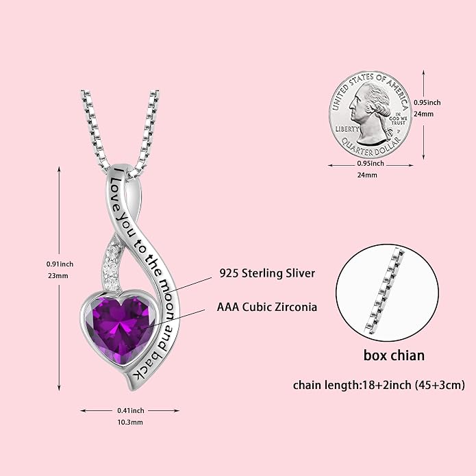 I Love You to The Moon and Back Necklace for Women, 925 Sterling Silver Heart Birthstone Pendant Necklace Jewelry Anniversary Birthday Gifts for Girls Women Wife Mom Daughter