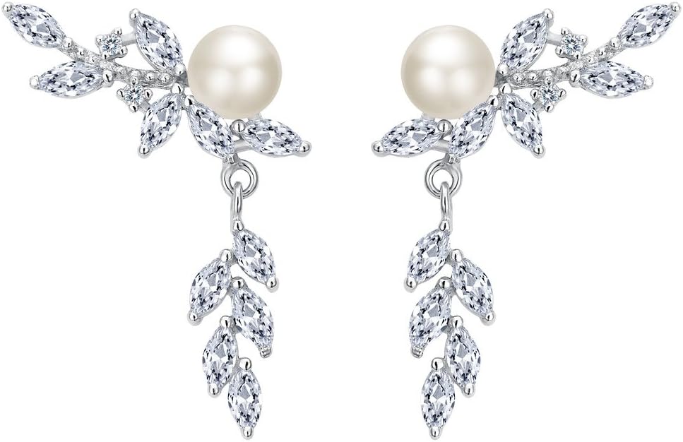 EVER FAITH 925 Sterling Silver CZ 4MM Cultured Pearl Leaf Ear Wrap Cuff Stud Post Crawler Climber Earrings