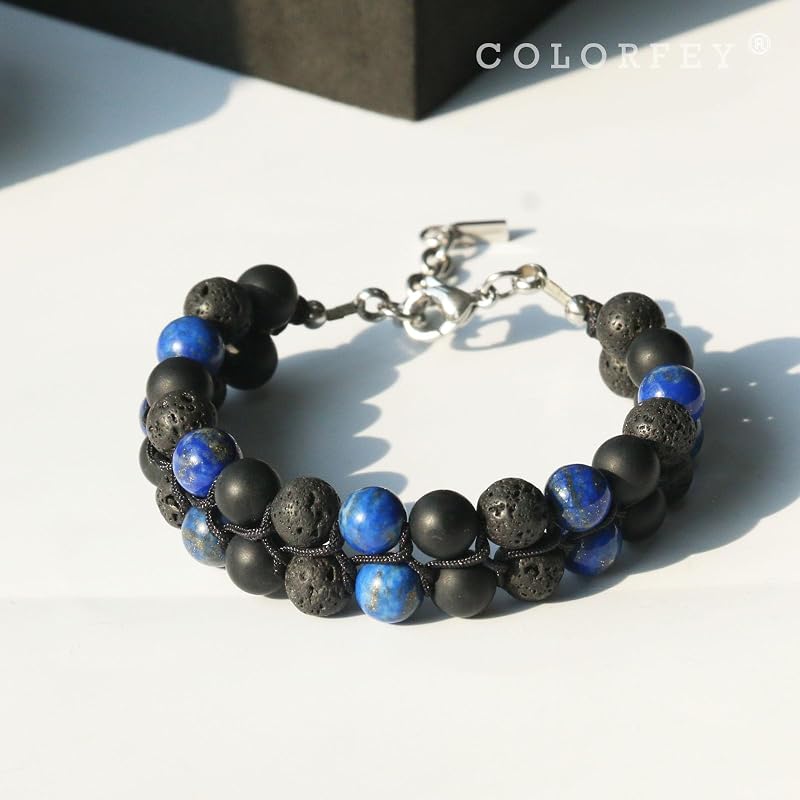 Mens Crystal Bracelets Healing Bracelet Authentic Mens Bead Bracelet Real Lapis Lazuli Lava Onyx Stone Bracelets for Men, Handmade Stainless Steel Adjustable Chain Men Jewelry for Him