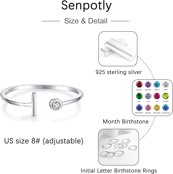 925 Sterling Silver Initial Letter Birthstone Rings for Women Adjustable 1-12 Month Birthstone Alphabet Stacking Ring for Teens Girls Stackable Birthstone Rings Birthday Jewelry Gift for Daughter Mom