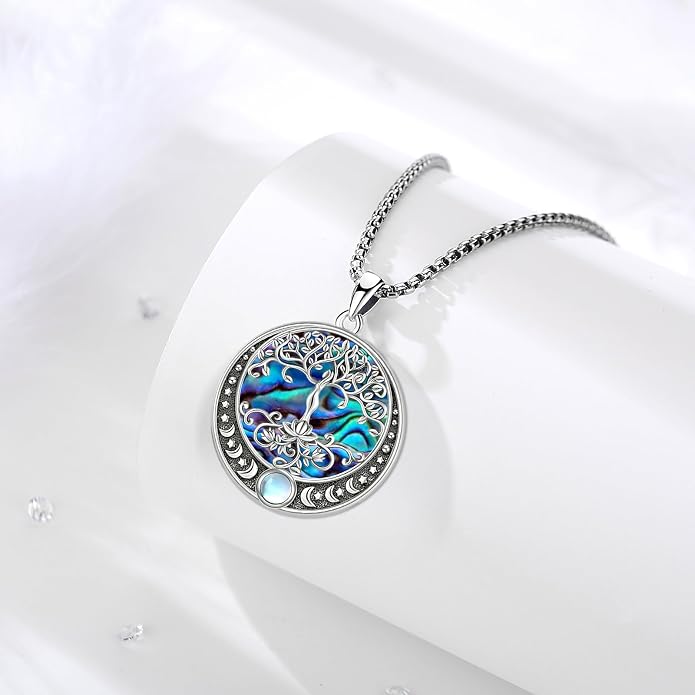 Sterling Silver Tree of Life Necklace for Women Oval Family Tree Necklace Abalone Shell Moonstone Pendant Mother Day Necklace for Mom Tree of Life Jewelry