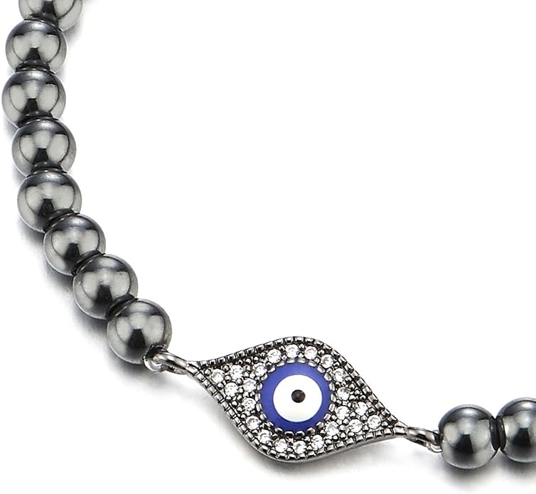 COOLSTEELANDBEYOND Beads Bracelet for Women Men with Cubic Zirconia Protection Evil Eye