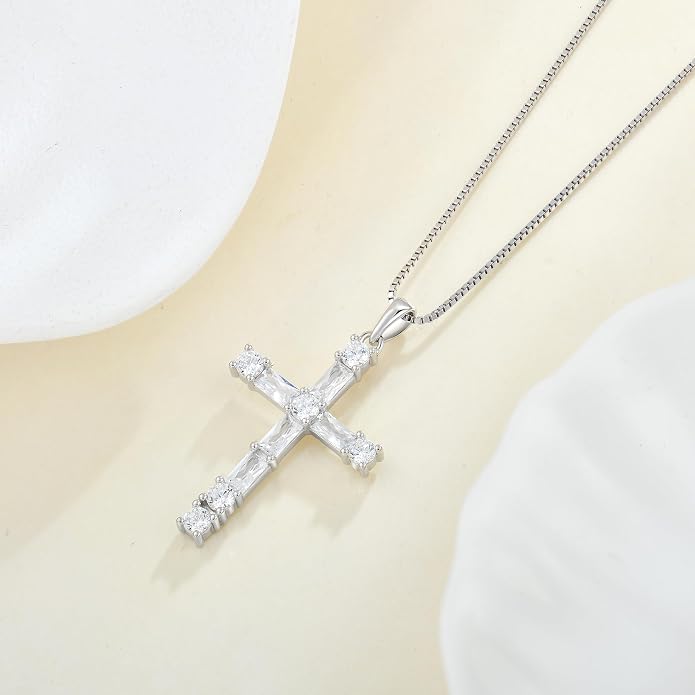 Birthstone Cross Necklace for Women 925 Sterling Silver Christian Religious Crucifix Pendant Rectangular Cut Birthstone Jewelry Gifts for Her