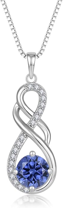 Gemstone Infinity Pendant Necklaces for Women, S925 Sterling Silver Round cut Zircon Necklace Birthstone Jewelry Gift for Her