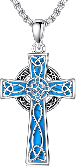 HPQQ Cross Necklace 925 Sterling Silver Turquoise Tree of Life Celtic Knot Cross Pendant Jewelry Mother's Day Gifts for Women