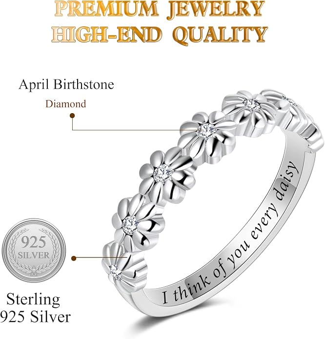 Dainty Daisy Ring for Women, S925 Sterling Silver Cubic Zirconia Sunflower Flower Ring For Daughter, I Think Of You Every Daisy Ring, Birthstone Flower Ring