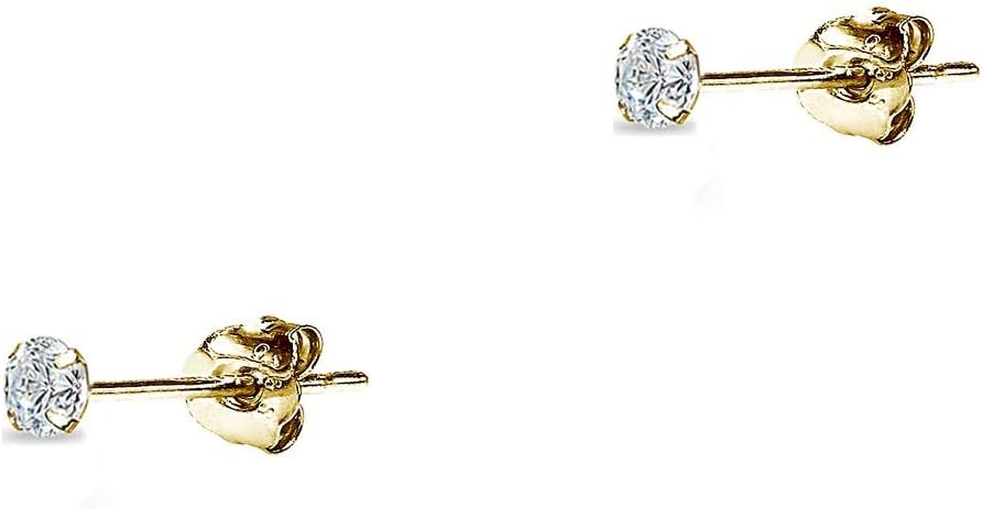 14K Gold Earrings, Round Cubic Zirconia Tiny Small Pierced Long Posts Stud Cartilage CZ Earrings for Women Men, 2mm, 3mm, 4mm, 5mm