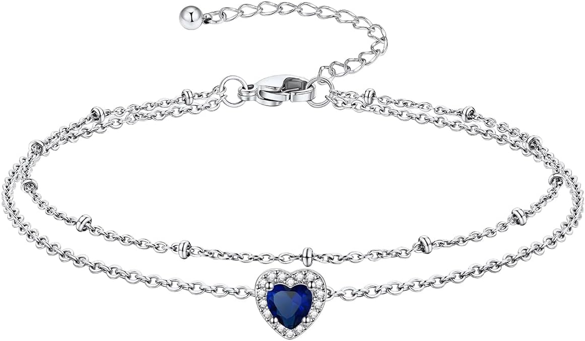 Richsteel Double Layer Heart/Butterfly Birthstone Anklet for Women Non Tarnish Waterproof, Silver/Gold/Black Stainless Steel 8.5-10.5 Inch Adjustable Chain Anklets Jewelry Gifts for Her