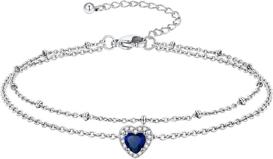 Richsteel Double Layer Heart/Butterfly Birthstone Anklet for Women Non Tarnish Waterproof, Silver/Gold/Black Stainless Steel 8.5-10.5 Inch Adjustable Chain Anklets Jewelry Gifts for Her